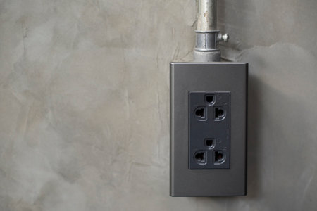Electricity plug on industrial concrete wall backgroundの写真素材