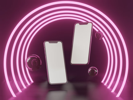 2 smartphones floating in purple circlesの写真素材