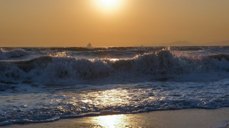 Sunset sea horizon cargo ship silhouette landscape. Cargo ship sunset horizon sea view. Sea sunset...