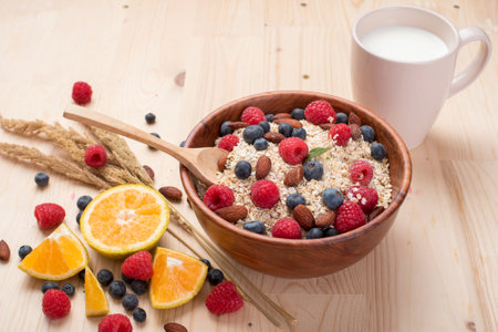 Healthy breakfast ingredients on wood table, Healthy food concept