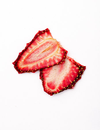 top view of dried strawberry slices isolated on white backgroundの写真素材