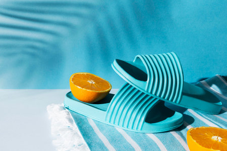 Arrangement with flip flops and orangeの写真素材
