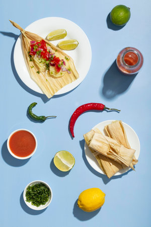 Flat lay arrangement of tamales ingredients