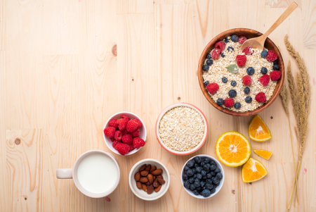 Healthy breakfast ingredients on wood table, Healthy food conceptの写真素材