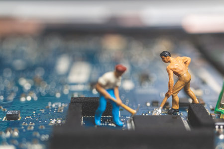 Miniature people : Worker team of engineers repairing keyboard computer laptop. Computer repair concept.の写真素材