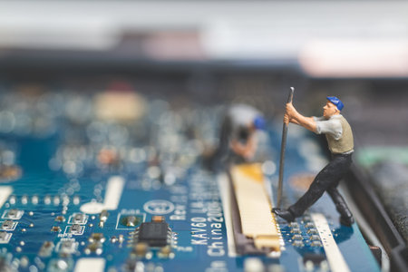 Miniature people : Worker team of engineers repairing keyboard computer laptop. Computer repair concept.の写真素材