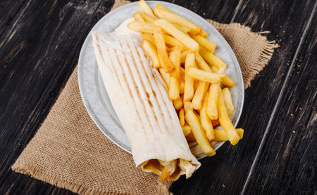 top view of chicken doner wrapped in lavash served with french fries on a plate on sackcloth on rustic backgroundの写真素材