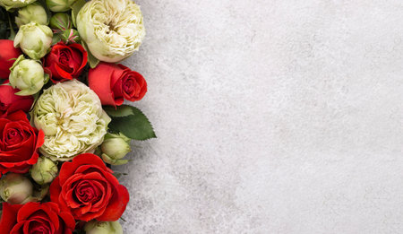 Flat lay beautifully bloomed flowers with copy spaceの写真素材