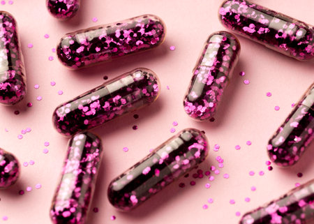Flat lay glitter pills arrangement