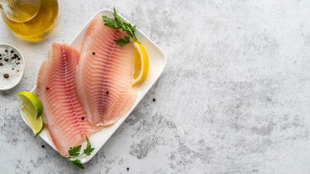 Flat lay delicious seafood arrangementの写真素材