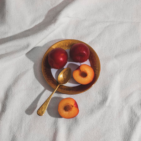 Flat lay apricots on plate arrangementの写真素材