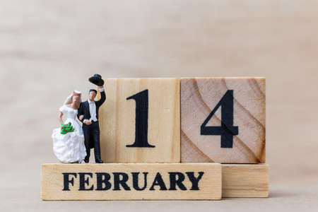 Miniature people couple with wooden block 14 FEB on wooden background,の写真素材