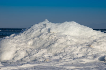 Marine landscape with views of the icy shore in winterの写真素材