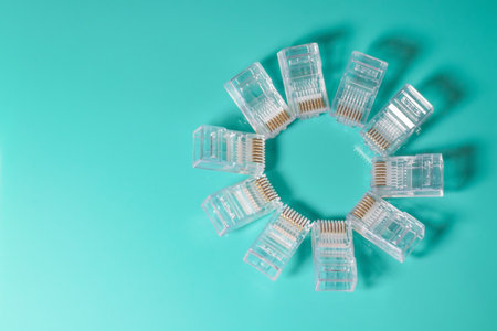 Transparent plug rj-45 connector to connect to the Internet isolated background.