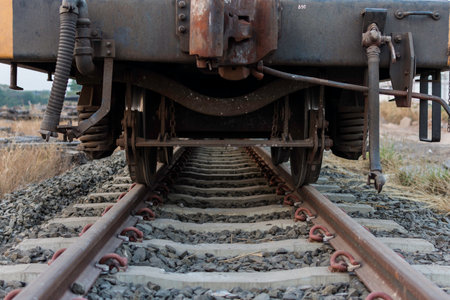 Industrial rail car wheels closeup photo ,train wheelの写真素材