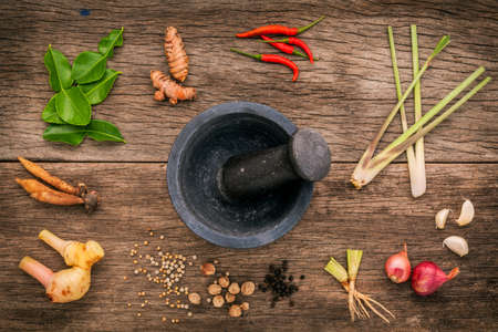 Assortment of Thai food Cooking ingredients .Red curry paste ingredients of thai popular food on...