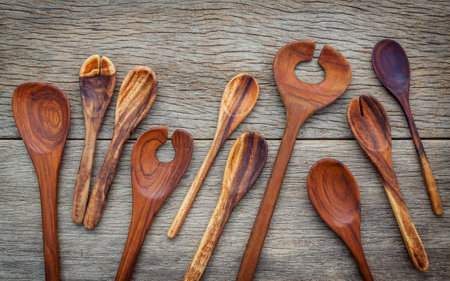 Wooden cooking utensils border wooden spoons, spatula , wooden fork on background of aged weathered vintage wood with a rough rustic texture.の写真素材