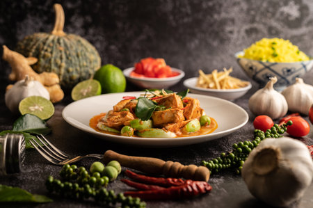 Dry green curry with chicken in white plates on black cementの写真素材