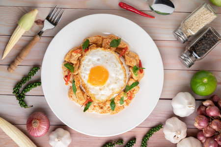 Stir Fried Chili Paste Chicken with Rice Fried eggs in white plate on wooden table.