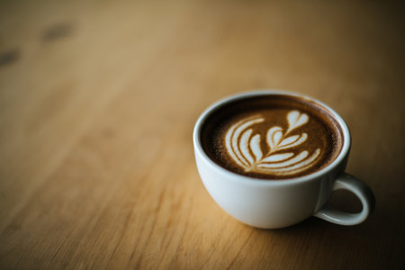 Latte art in coffee cup on the cafe tableの写真素材