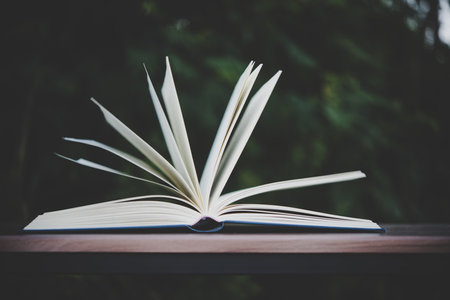 Open book on wooden table outdoorsの写真素材
