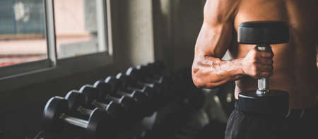 Muscular and strong athletic man exercising with dumbbells in the sport gym, working out conceptの写真素材