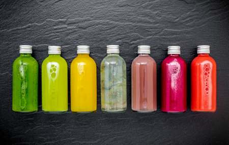 Colourful healthy smoothies and juices in bottles on dark stone background with copy space.