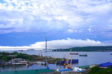 Landscape with a view of the Russian Bridge. Vladivostok, Russiaの写真素材