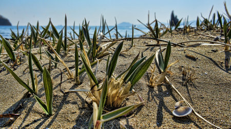 Grass sprouting through the sand on the beach. Primorsky Krai.の写真素材