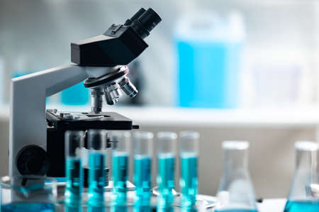 professional microscope in laboratory, science equipment and medical tools to looking micro scale,...