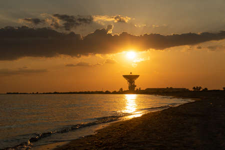 Radio telescope R-2500 RT-70 on the background of a beautiful sunset. Evpatoria, Crimeaの写真素材