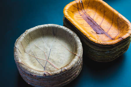 Eco friendly leaf plate disposable tableware. Biodegradable for sustainable environmentの写真素材