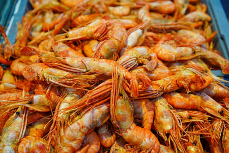 Seafood in the window of the shopping pavilion of the city market. Vladivostok, Russiaの写真素材