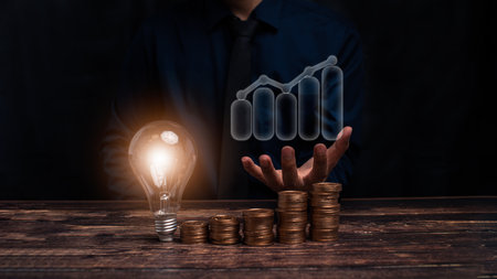 Business growth, progress or success concept. Businessman or trader is showing a growing virtual hologram stock, invest in trading illustrationの素材