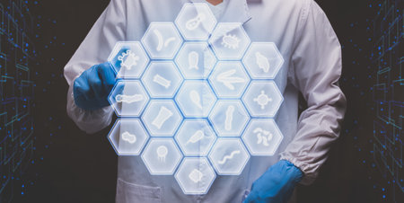 doctor touching electronic hologram microorganism modern virtual screenの素材