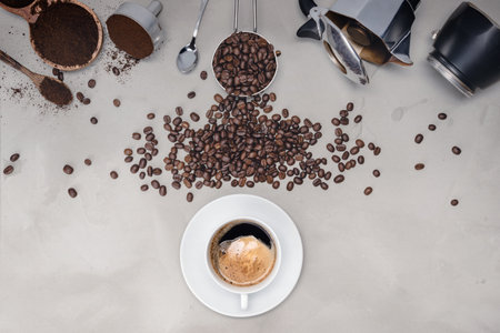 Background with assorted coffee, coffee beans, Cup of black coffee, Coffee maker equipmentの素材