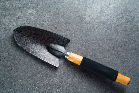 Garden shovel for your garden and flower with banner for your design.Top view space for agriculture tools hooby for stay at home.の素材