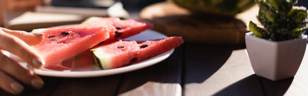 plate watermelon slices foreground femaleの素材