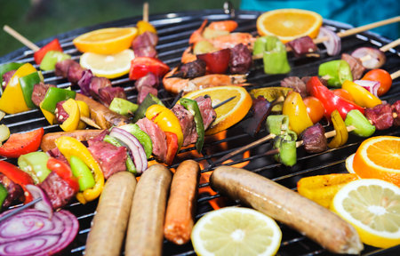 Closeup of cooking barbecue on charcoals grillの素材