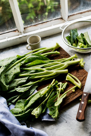 Aerial view of fresh collard chinese kale on wooden cutboardの素材