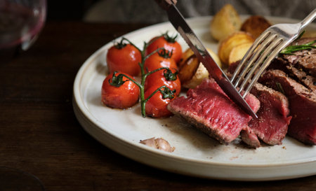 Close up of a cutting a fillet steak food photography recipe ideaの素材