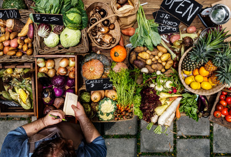 Variation of fresh organic vegetable on wooden tableの素材