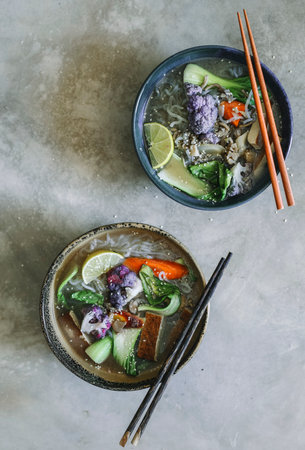 Vegan noodle soup with tofu food photography recipe ideaの素材