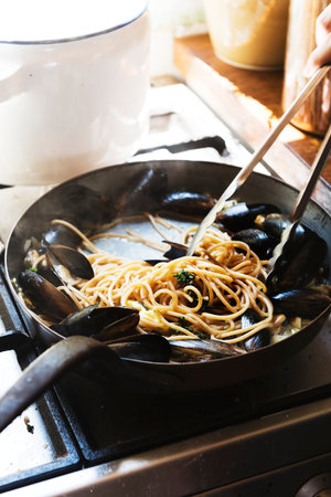 Homemade spaghetti food photography recipe ideaの素材