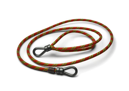 A coiled bungee cord, featuring a vibrant red base with green stripes, is equipped with sturdy metal...