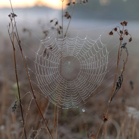 Dew drops on a spiderweb in a field