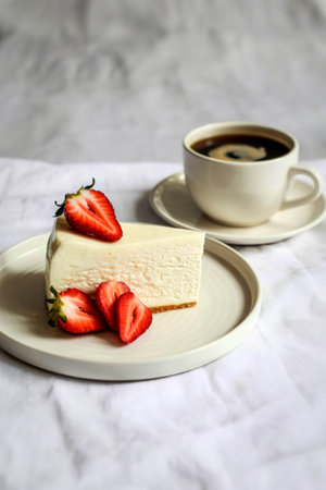 A creamy slice of cheesecake topped with fresh strawberries sits on a plate next to a steaming cup of black coffee.の写真素材