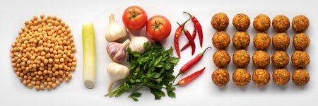 A top-down view showcases a variety of fresh food ingredients neatly arranged, including chickpeas, vegetables, herbs, chilies, and dates.の写真素材
