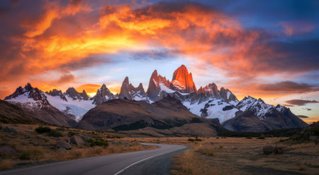 A breathtaking sunset paints the sky with vibrant orange and yellow hues, illuminating jagged, snow-capped mountains and a lonely road.の写真素材