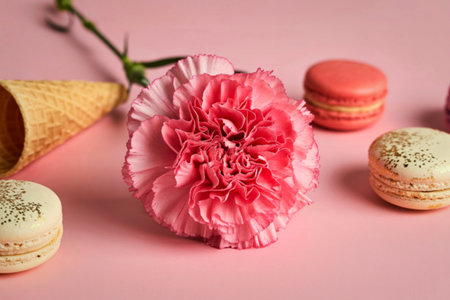 A charming arrangement of colorful macarons, an ice cream cone, and a vibrant pink carnation on a soft pink surface.の写真素材